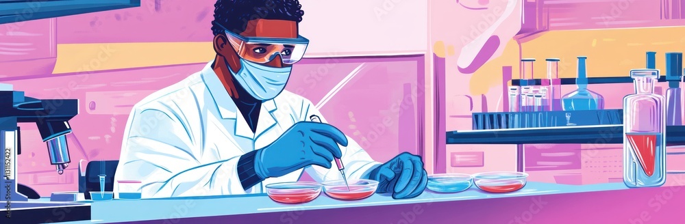 Poster A scientist conducts experiments in a colorful laboratory setting.