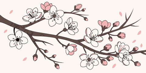 Branches with cherry blossoms forming a diagonal repeating pattern.
