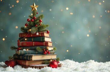 A Christmas tree made up of large books, decorated with fir branches, red balls, garland, stands on white snow, green background with bokeh. Knowledge, science, library, reading people in New Year