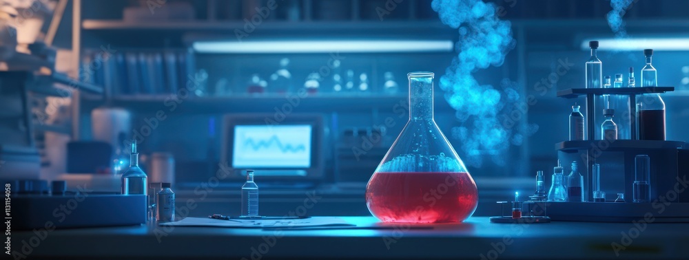Poster A laboratory scene featuring a red liquid in a flask, with scientific equipment and data displays.