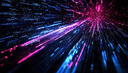 Fototapeta premium A vibrant digital abstraction featuring luminous streaks of blue and pink light, symbolizing movement and energy in a futuristic setting.