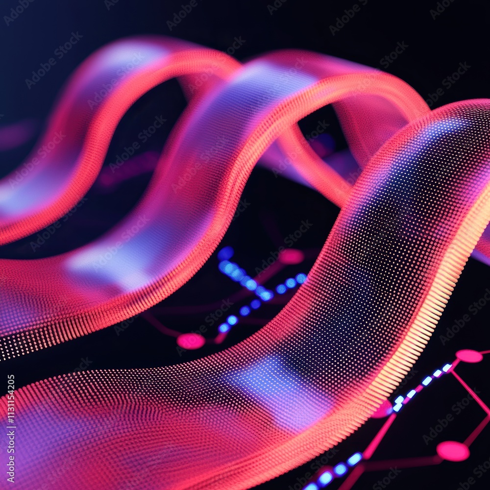 Poster a vibrant, abstract representation of flowing lines with illuminated dots, suggesting themes of tech