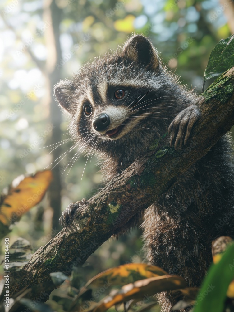 Poster a raccoon perched on a branch in a lush forest, showcasing its playful expression.