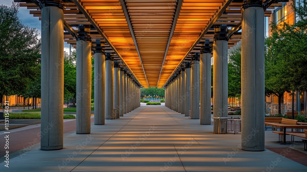 Poster a well-lit corridor with columns and trees, creating a serene urban atmosphere.