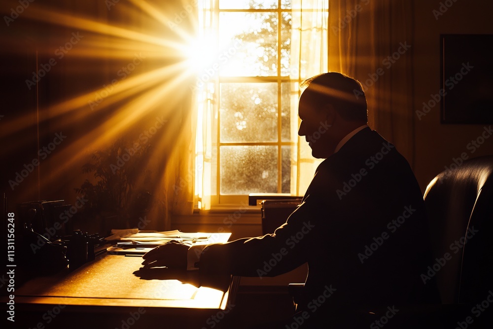 Poster a man is sitting at a desk with a computer