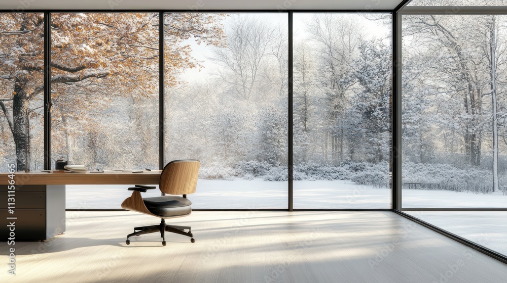 Aufkleber a modern office with a view of a snowy landscape through large glass windows.