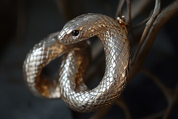 Fototapeta premium Golden snake jewelry piece resting on soft fabric.