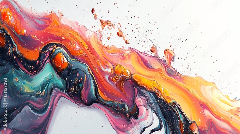 Poster multicolored liquid splash forming captivating abstract patterns in mid motion on a clean white back