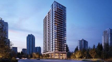 Obraz premium Modern residential high-rise building at twilight, situated amidst urban parkland, with surrounding apartment buildings.