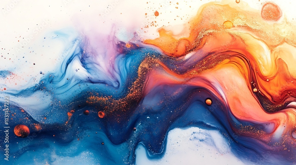 Poster multicolored liquid splash forming captivating abstract patterns in mid motion on a clean white back