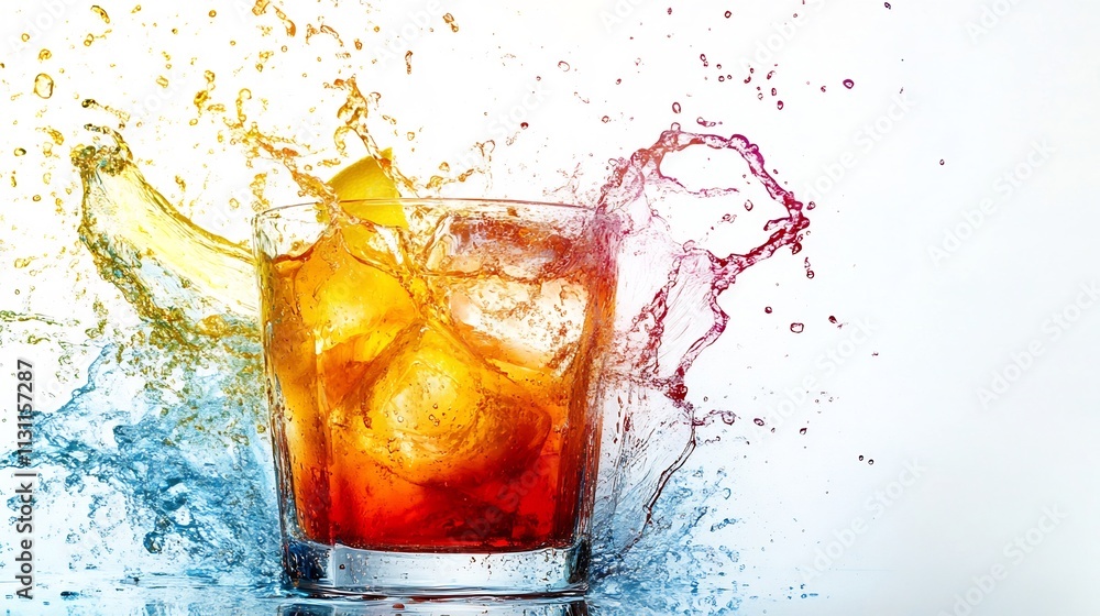Poster blending colors and elements in vibrant cocktail splash on white canvas abstract and dynamic drink m