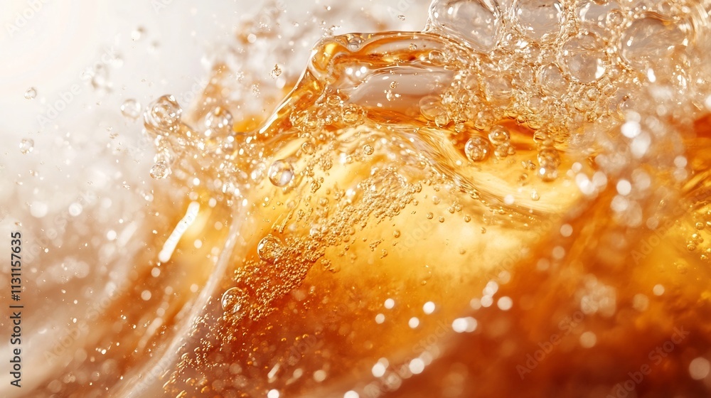 Poster fizzy effervescent bubbles emerging and splashing from a soda drink creating dynamic lively textures