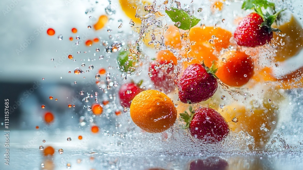 Poster vibrant and dynamic juice explosion captured in mid motion with droplets suspended vividly against a