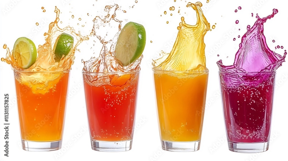 Poster bright and dynamic splash of colorful juice with vibrant swirls and motion isolated on a clean white
