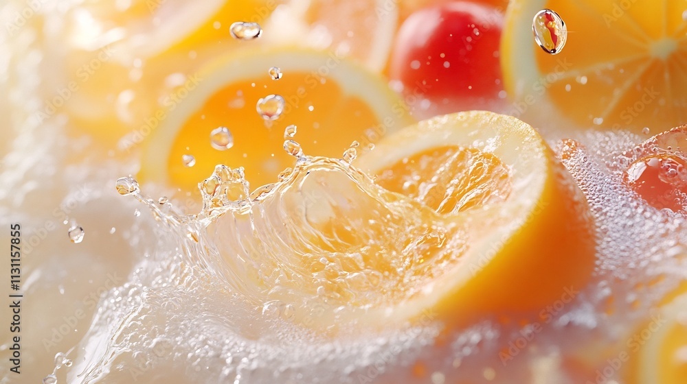 Poster bold and vibrant juice splashes forming twisting dynamic arcs with bright suspended droplets against