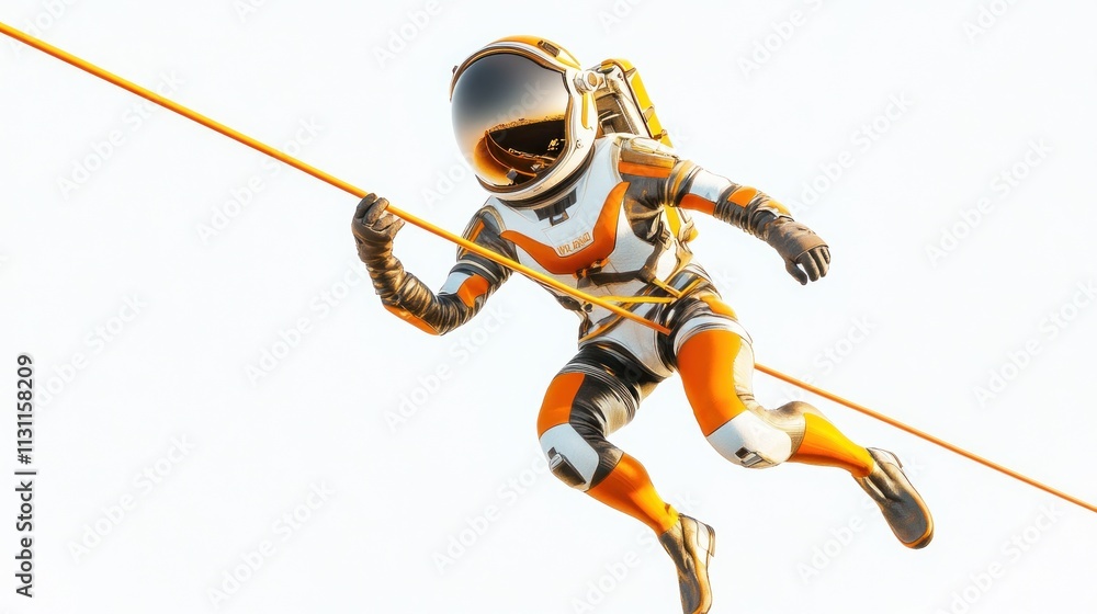 Poster a futuristic astronaut navigating a cable in a bright, minimalistic environment.