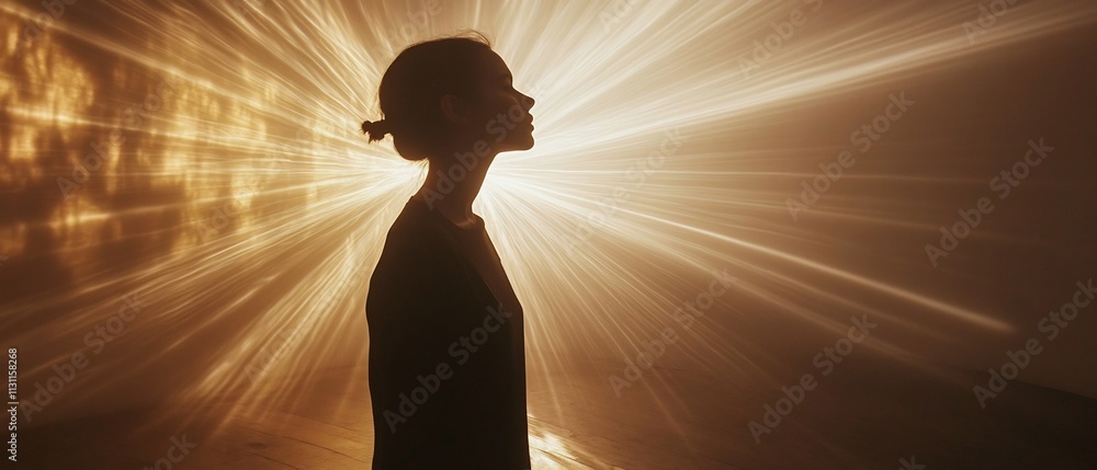 Poster powerful beams of radiant energy and light projecting outward from an audio or musical source creati