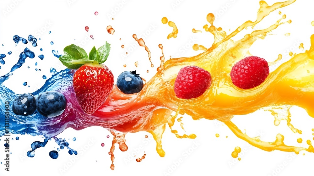Poster dynamic and vibrant image of a colorful smoothie splash with frozen fruit pieces such as strawberrie