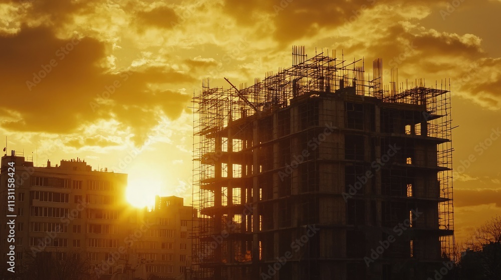 Poster A half-completed building surrounded by scaffolding, with the sun setting behind the structure, casting a golden hue over the construction project.