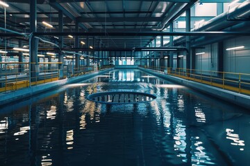 Fototapeta premium Urban Oasis. Modern mixed-use development with a luxurious swimming pool overlooking the city skyline.