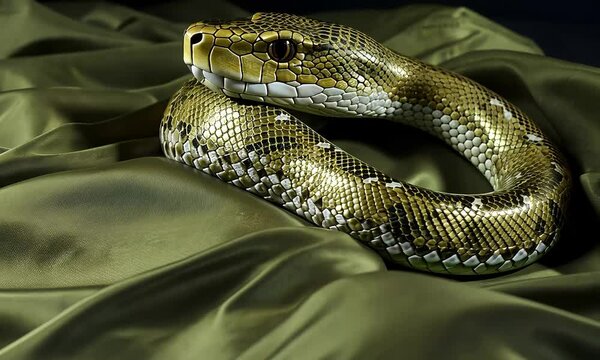 Serene Serpent: A mesmerizing close-up of a beautiful snake, its scales gleaming in the light, resting gracefully on a smooth, emerald green fabric. perfect for nature, wildlife.