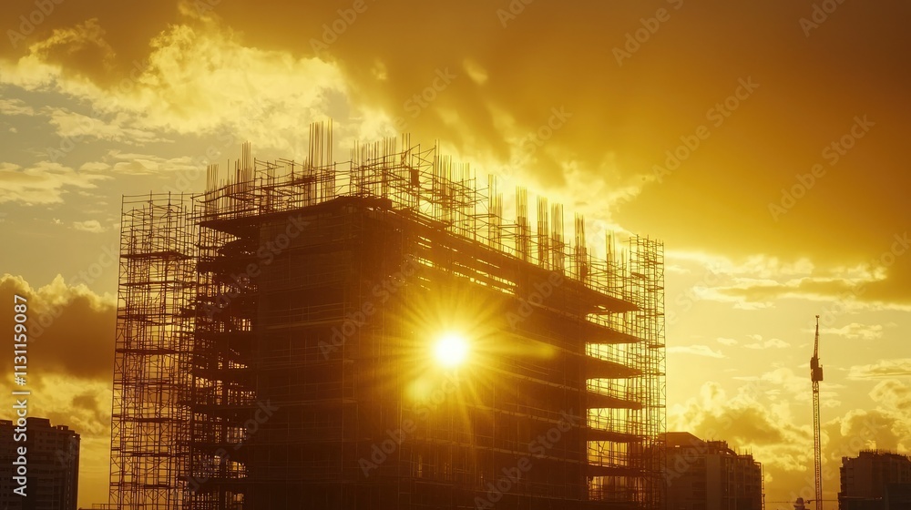 Aufkleber A half-completed building surrounded by scaffolding, with the sun setting behind the structure, casting a golden hue over the construction project. 