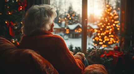 Fototapeta premium Back View of Lonely Old Woman Sitting by Her Selves at Nursing Home,Christmas Day.Outdoor Snowfall,New Year's Background Outside