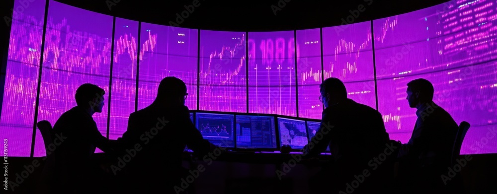 Poster A group of professionals analyzing data on screens in a modern, illuminated workspace.