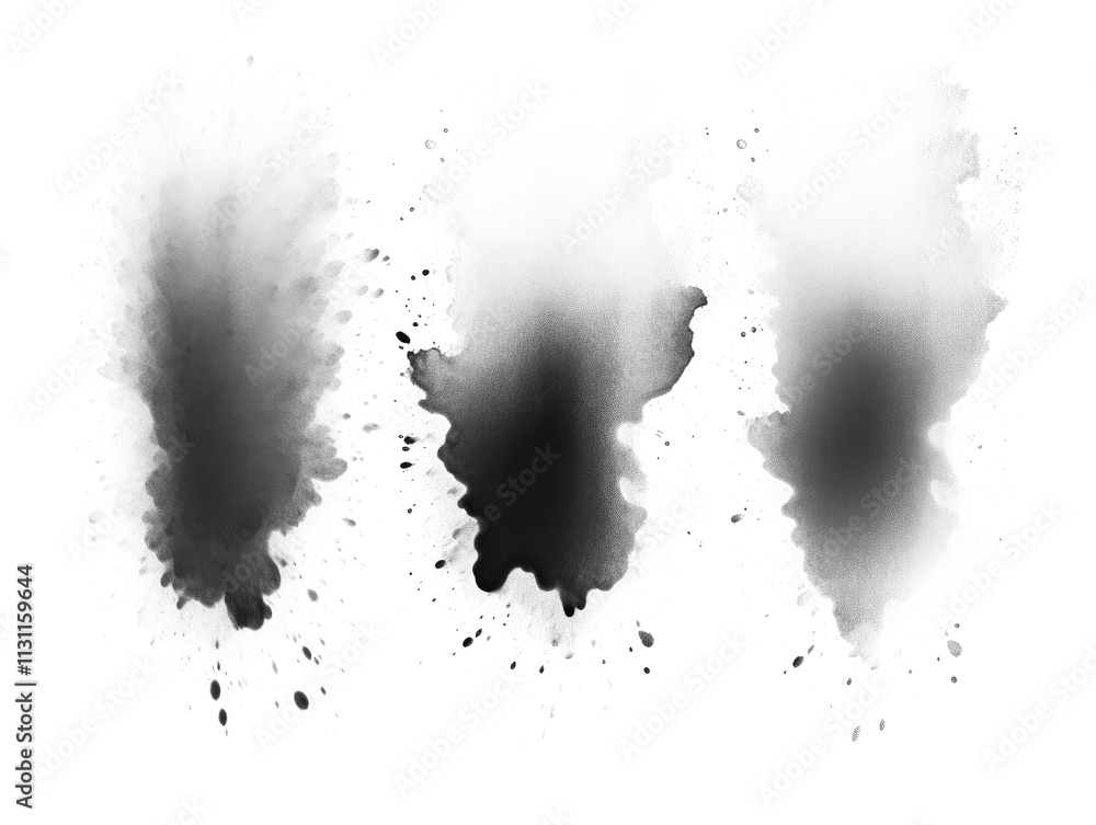 Poster a refined collection of artistic ink blots showcasing unique textures and gradients for creative exp
