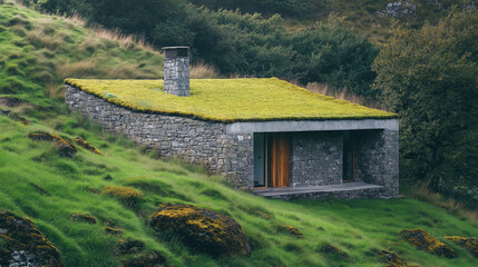 Obraz premium Minimalist eco-friendly home with stone walls and a green roof, blending into a hillside, natural lighting emphasizing textures