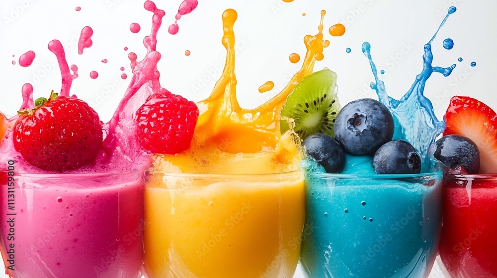 Poster vibrant and dynamic splashing of colorful smoothie with frozen fruit pieces capturing the refreshing
