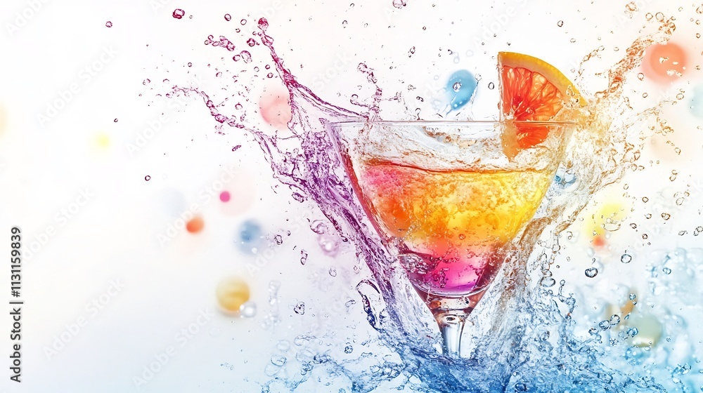 Poster captivating image of a sparkling multicolored drink splash frozen mid motion against a pristine whit