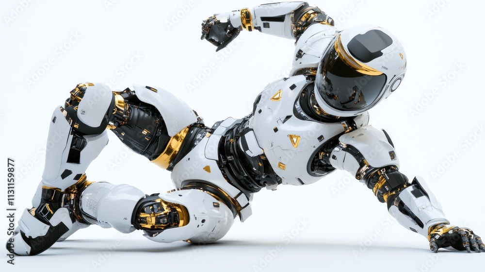 Poster a futuristic humanoid robot in a dynamic pose, showcasing advanced technology and design.
