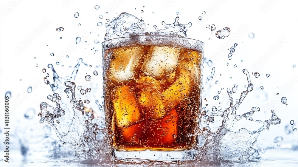Poster dynamically colliding soda fizz and droplets frozen in mid motion on a clean white background this i