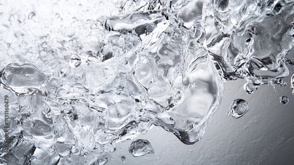 Poster dynamically splashing clear water droplets with intricate crystalline textures against a pristine wh