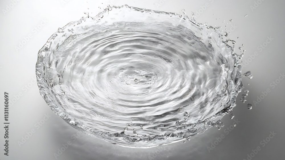 Poster shot of frozen water splash creating a series of concentric circular ripples and droplets on a clear