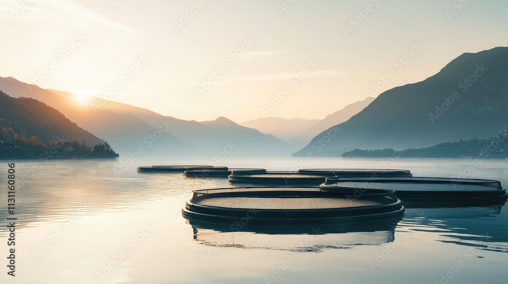 Poster A fish farm with large circular enclosures floating in calm water, surrounded by mountains and a clear sky. 