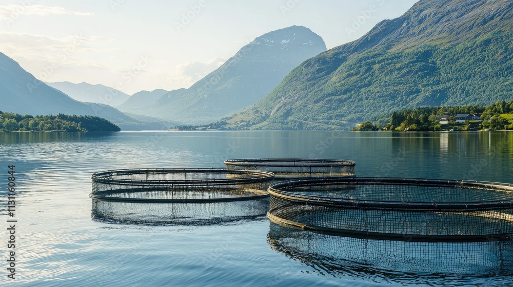 Poster A fish farm with large circular enclosures floating in calm water, surrounded by mountains and a clear sky. 