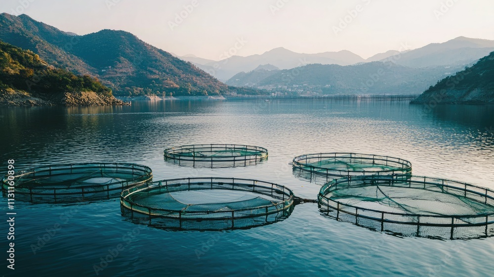 Aufkleber a fish farm with large circular enclosures floating in calm water, surrounded by mountains and a cle