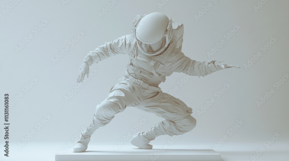 Poster a white sculpture of an astronaut in a dynamic pose, suggesting movement and exploration.