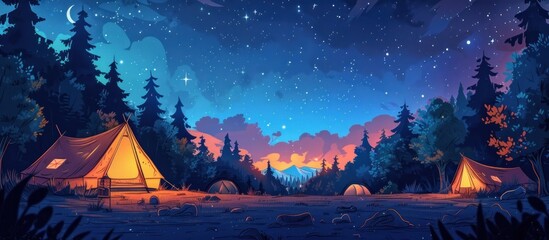 Picturesque camping scene with tent camping under the starry night sky in a lush forest landscape  The tents are illuminated by a warm campfire