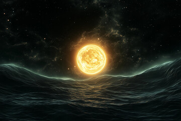 Golden sun rising over dark ocean waves against a starry sky in a serene cosmic setting