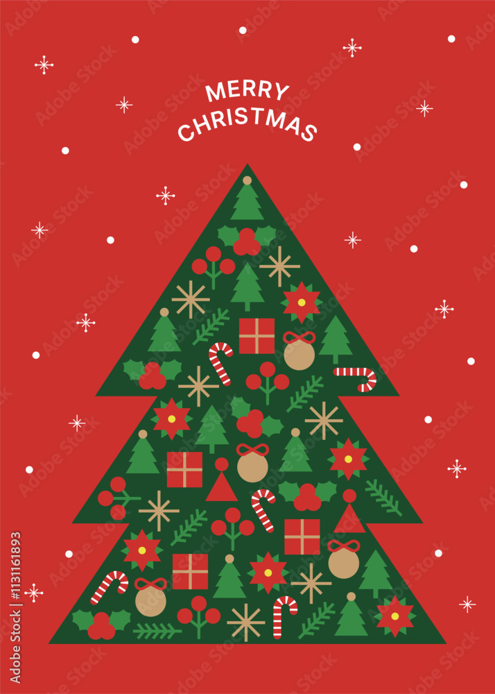 Poster a tree frame illustration with a combination of icons on a snow and ornament background with a chris