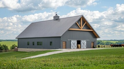 Fototapeta premium A modern barn on a dairy farm, with cows in the background, showcasing a busy, productive day on the farm. 