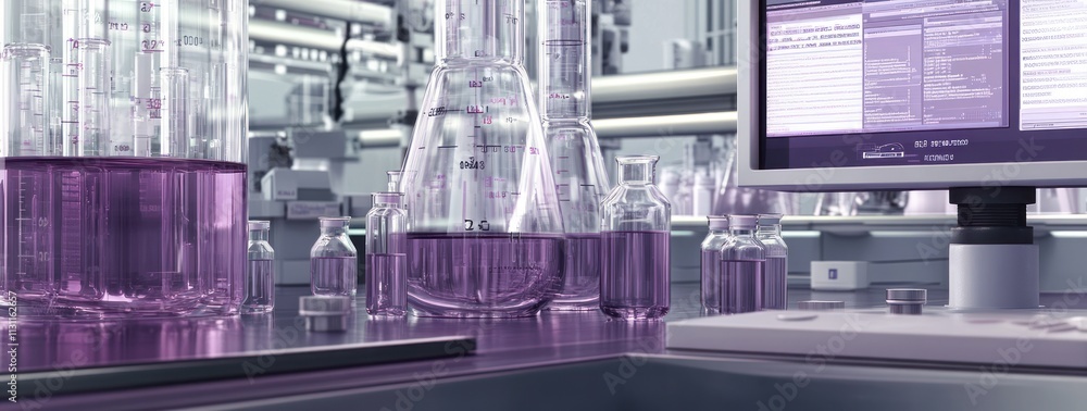Leinwandbilder a laboratory scene with glassware and a computer, showcasing scientific experimentation.