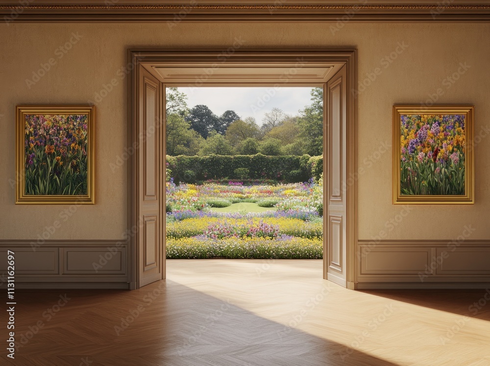 Poster a serene room with paintings and a vibrant garden visible through an open doorway.