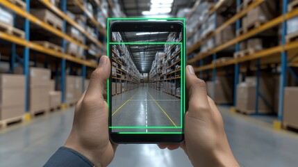 Automated demand replenishment tool on mobile close up optimized restocking ethereal overlay warehouse aisle