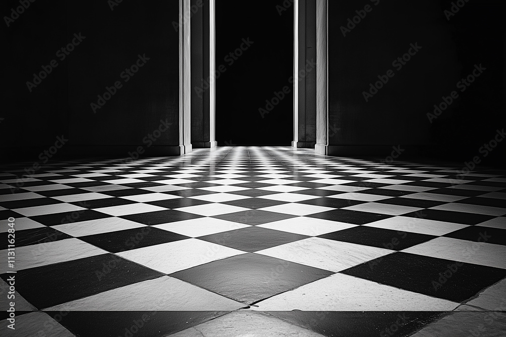 Poster minimalistic black-and-white floor with checkered pattern leading to an illuminated doorway in a dar