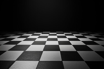 Minimalistic view of a black and white checkerboard floor against a dark background showcasing contrasting patterns and textures