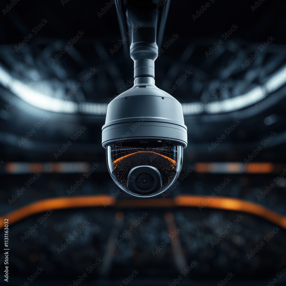 Poster a security camera hangs prominently in a stadium, capturing the intense atmosphere of a sporting eve